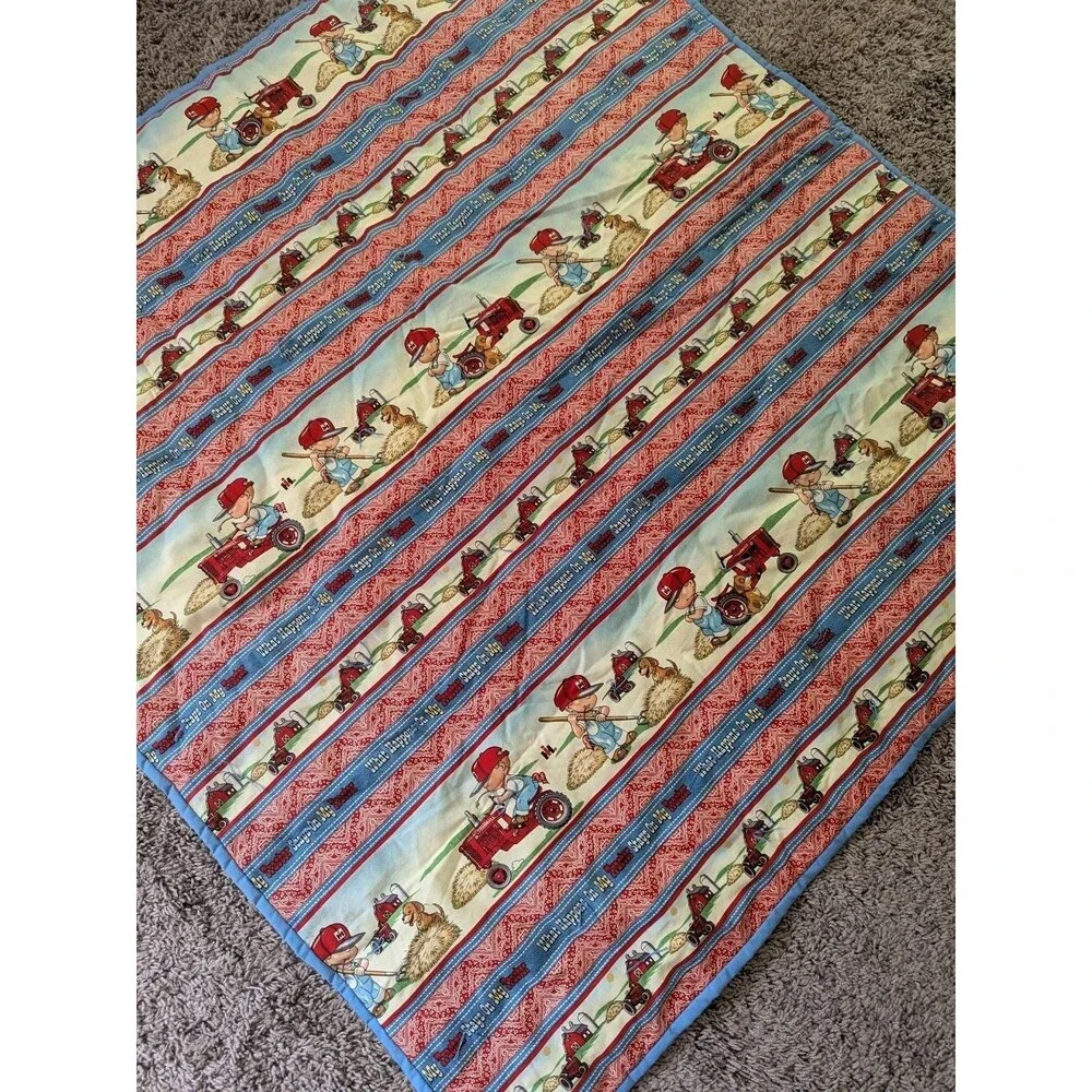 Handmade Farmall Tractor Farm Boy Fabric Quilt Blanket What Happens On My Red IH
